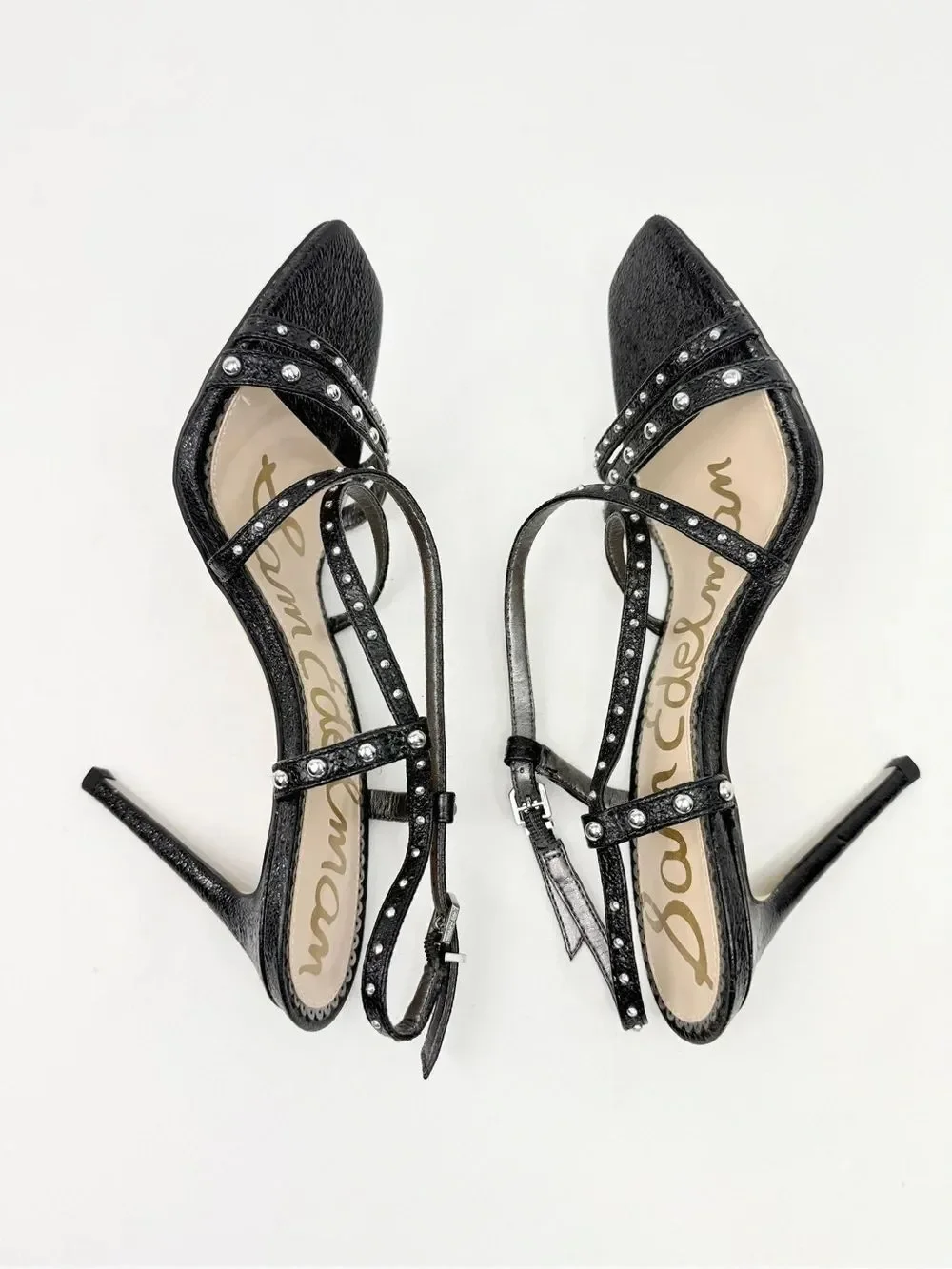 Sam Edelman LENNOX Black Glitter Silver Studded Strappy Open Toe Stiletto Heels